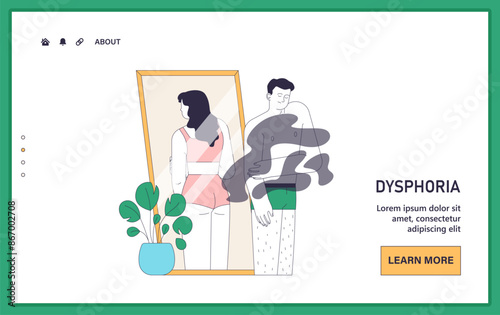 Gender transition. Gender dysphoria. Trans woman standing by the mirror