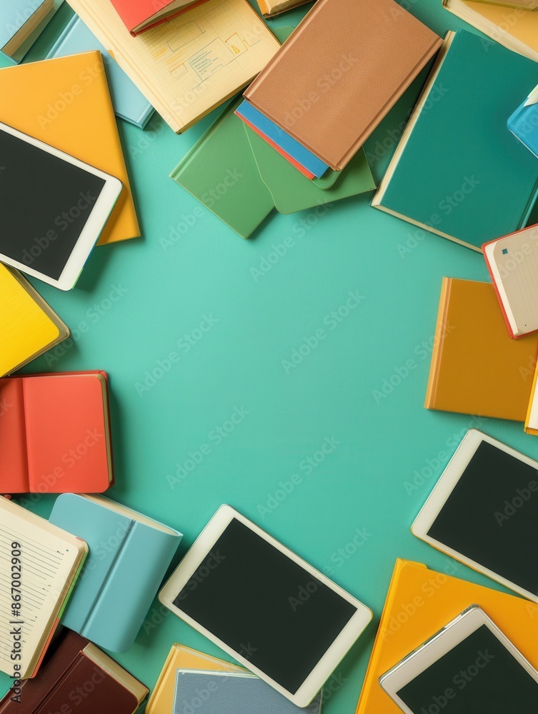 A flat lay of colorful tablets and e-readers on a teal background, featuring educational content and e-textbooks. Generative AI A flat lay of colorful tablets and e-readers on a teal background, featuring educational content and e-textbooks. Generative AI