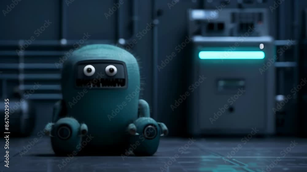 Cute teal robot with large round eyes sits on floor of dimly lit room. Compact body with short arms and legs. Mysterious glow from unseen source. Cute teal robot with large round eyes sits on floor of dimly lit room. Compact body with short arms and legs. Mysterious glow from unseen source.