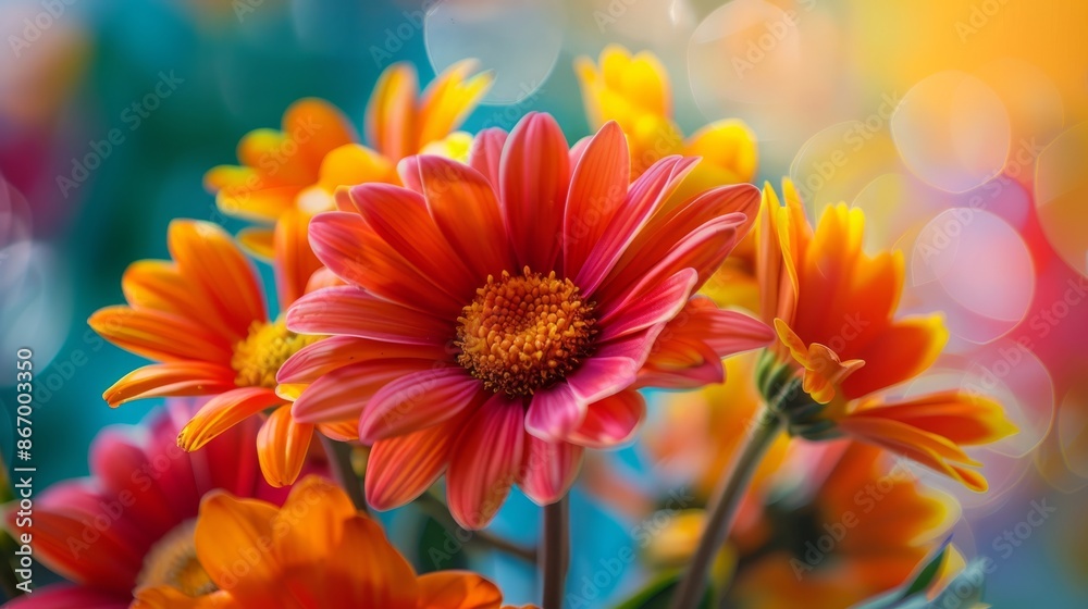 A close-up of a bright and colorful bouquet of flowers, with each petal and detail vividly captured against a blurred background A close-up of a bright and colorful bouquet of flowers, with each petal and detail vividly captured against a blurred background
