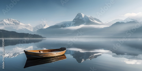 Tranquil Rowboat on Serene Lake with Majestic Mountain Reflections ,Scenic Rowboat on Calm Lake with Stunning Mountain Backdrop 