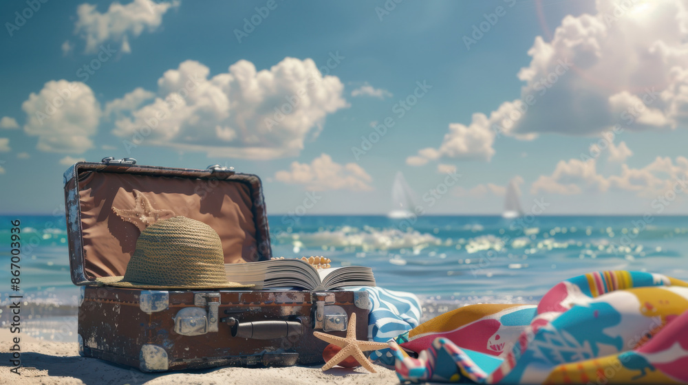 an open suitcase on a beach, containing beach accessories such as a woven hat, sunglasses, a starfish, a novel, and a colorful beach towel an open suitcase on a beach, containing beach accessories such as a woven hat, sunglasses, a starfish, a novel, and a colorful beach towel