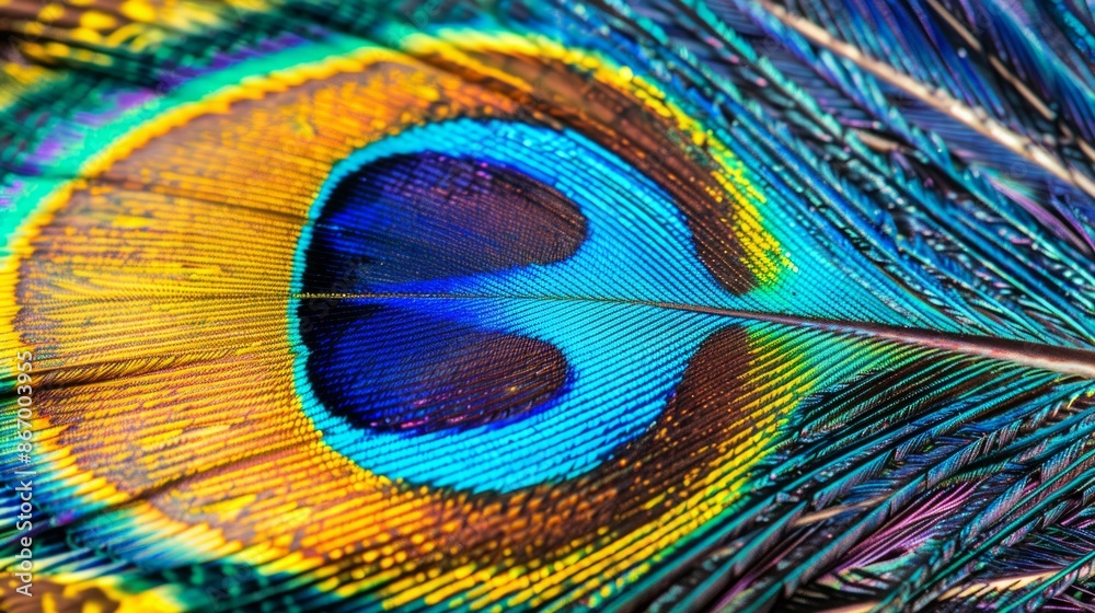 Fototapeta premium A detailed close-up of a bright and colorful peacock feather, with intricate patterns and vibrant hues