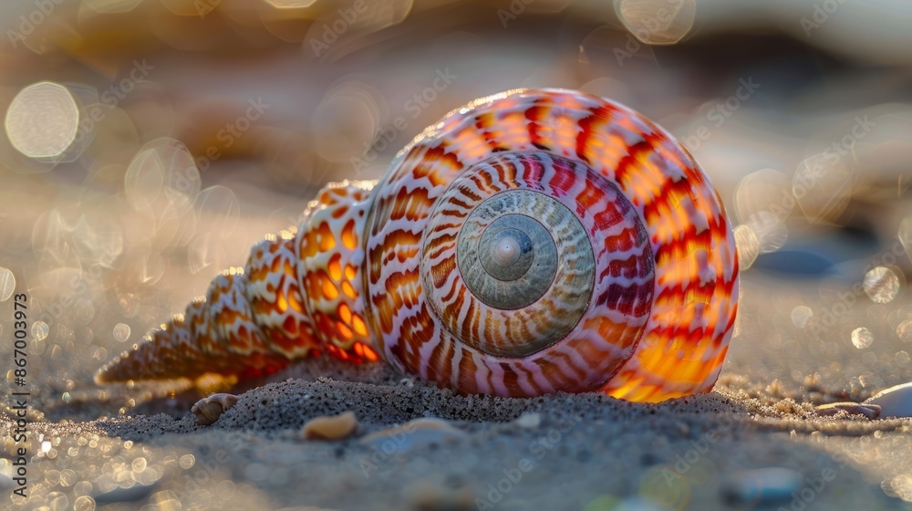 A detailed close-up of a bright and colorful seashell on a sunny beach, with intricate patterns and soft sand A detailed close-up of a bright and colorful seashell on a sunny beach, with intricate patterns and soft sand