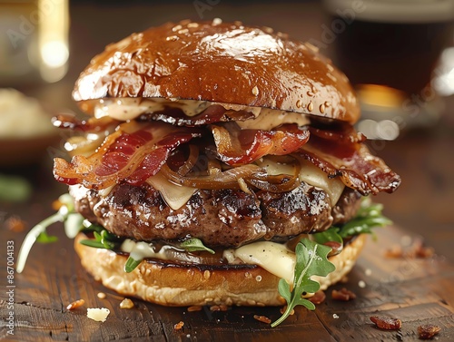 Bacon and brie burger with caramelized onions, brie cheese, and arugula, on a toasted whole grain bun