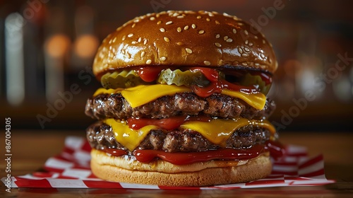 Double beef patty burger with melted American cheese, pickles, ketchup, and mustard, wrapped in a classic red-and-white checkered paper photo