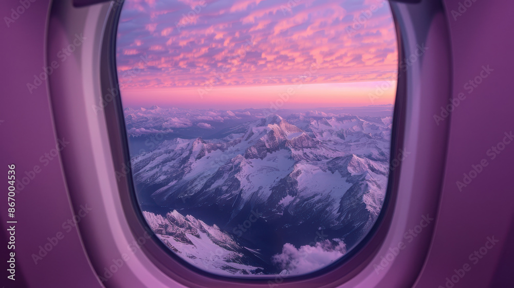 Naklejka premium an airplane window, featuring a majestic mountain range with snow-capped peaks at sunrise