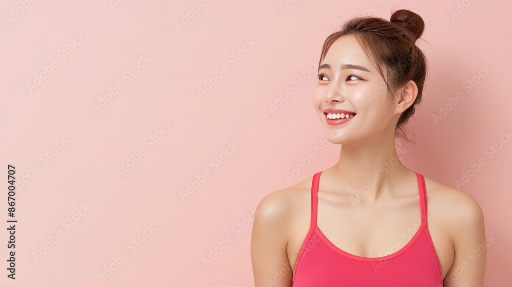 Korean woman smile wearing sportswear isolated on pastel background Korean woman smile wearing sportswear isolated on pastel background