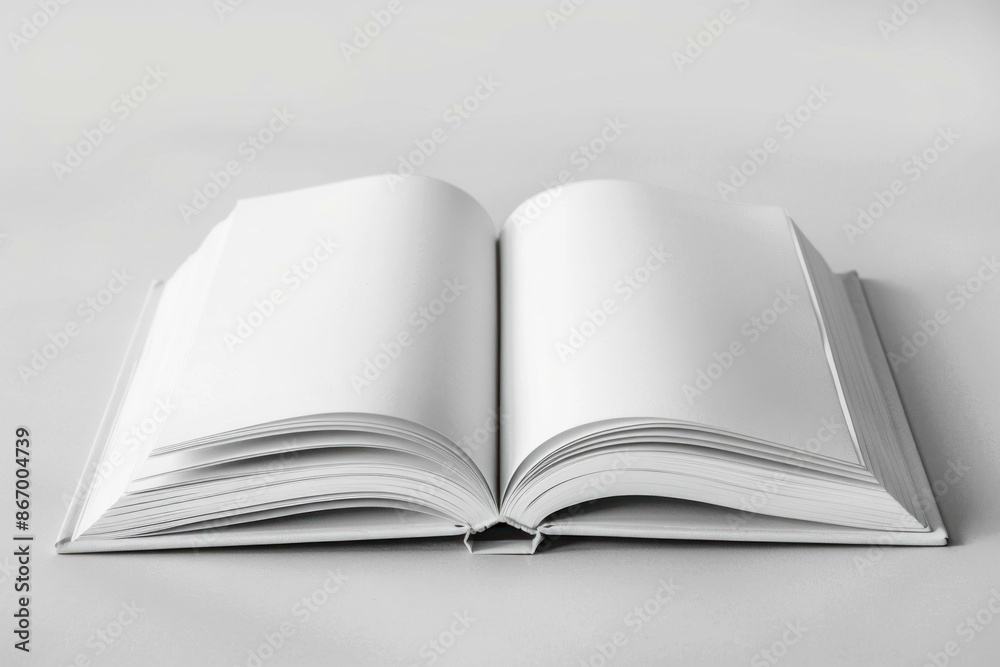 Open book with blank pages lying on a white table is waiting to be filled with text Open book with blank pages lying on a white table is waiting to be filled with text