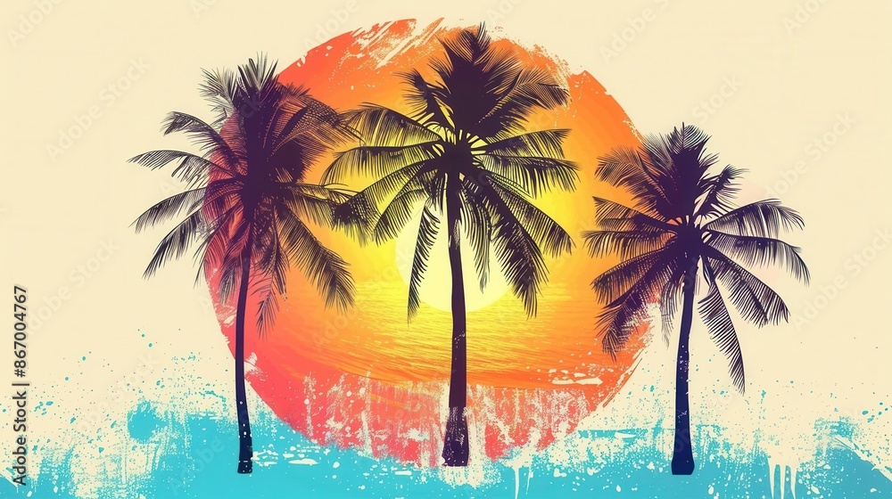 Fototapeta premium A vibrant and minimalistic image featuring three palm trees silhouetted against a sunset over a beach. Perfect for travel agencies and resorts. Generative AI