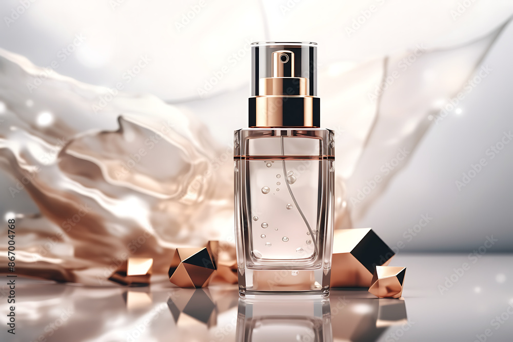 Cosmetic bottle containers with rose flower on white table. 3d rendering Cosmetic bottle containers with rose flower on white table. 3d rendering