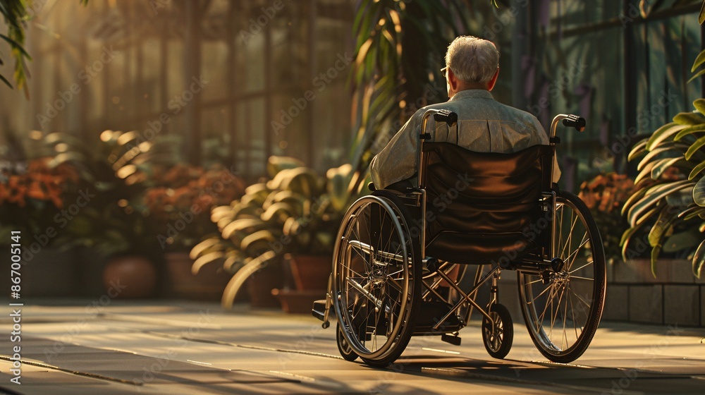 Obraz premium Elderly Man in Wheelchair in Modern Hallway - Senior Mobility, Independence, and Health Care Concept
