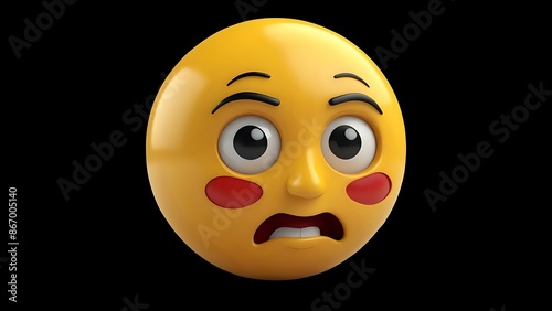 Yellow 3D emoji with a shocked expression, big eyes, and blushing cheeks, on a black background.