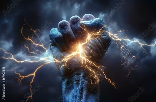 A hand raising a lightning bolt symbolizing energy and strength against a stormy backdrop with a blue radiance. References to Zeus and Thor.