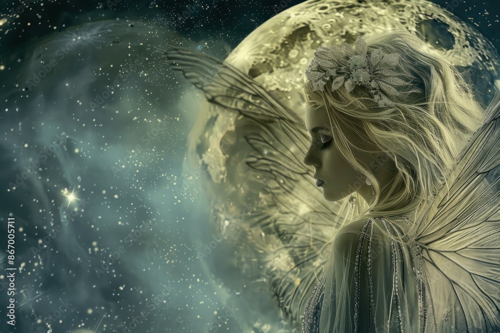 Beautiful fairy with delicate wings is posing in a magical nighttime setting with a full moon and sparkling stars Beautiful fairy with delicate wings is posing in a magical nighttime setting with a full moon and sparkling stars