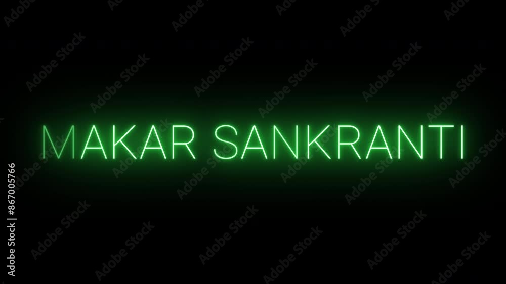 Flickering neon green glowing Makar Sankranti text animated on black background