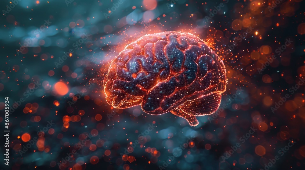 Digital brain floating with glowing red lights, dark background with a bokeh effect, futuristic technology Digital brain floating with glowing red lights, dark background with a bokeh effect, futuristic technology