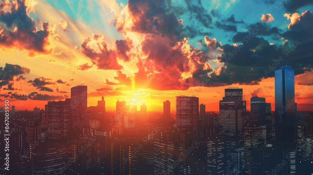 A breathtaking sunset casts a fiery glow over a bustling city skyline, showcasing the dynamic energy of urban living. Generative AI