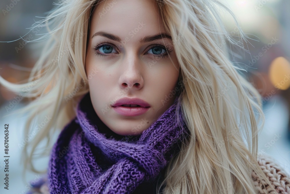 Beautiful blonde woman with blue eyes wearing a purple scarf is posing on a blurred winter background