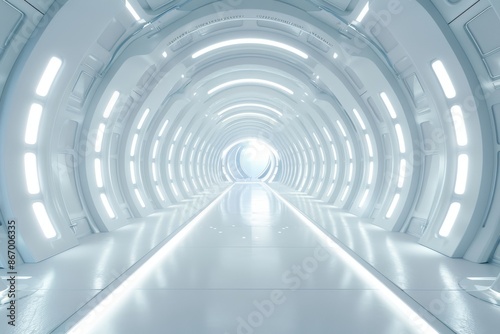 Futuristic white tunnel interior with bright light. Sci-fi hallway or spaceship corridor concept.
