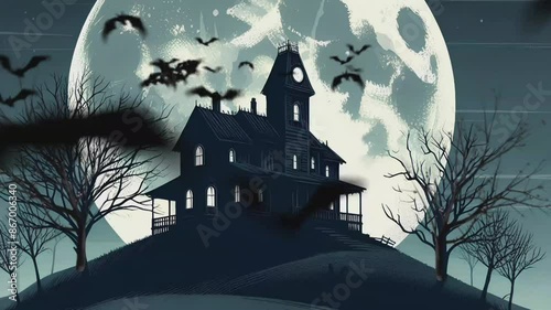Vector Stytle Gothic House on Hill Eerie Night with Bats and Moon photo