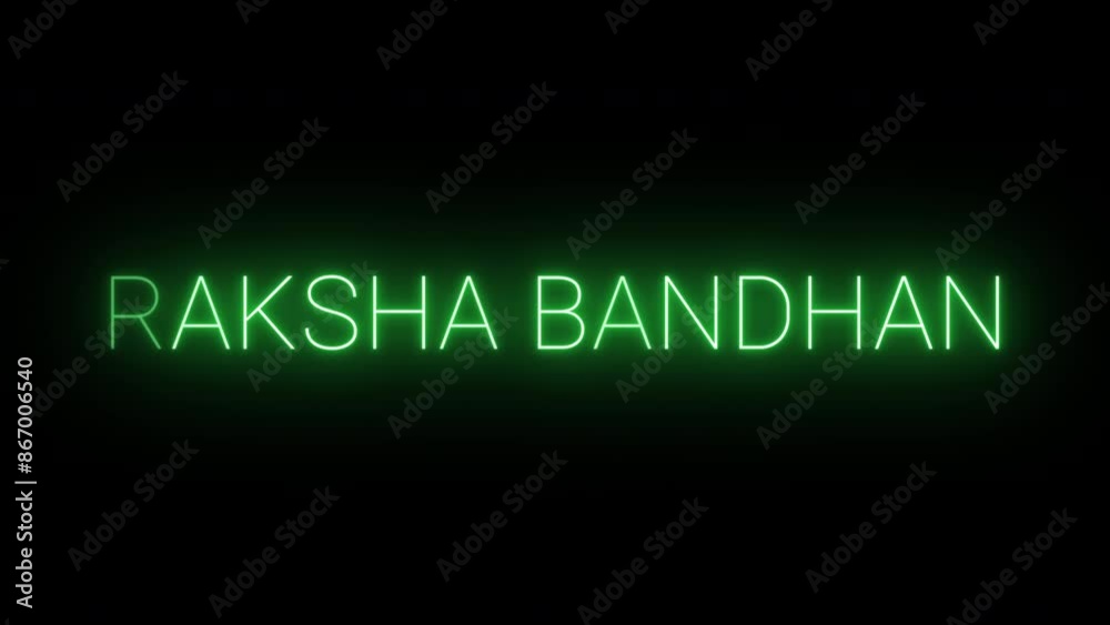 Flickering neon green glowing Raksha Bandhan text animated on black background