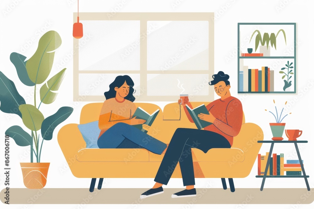 A couple relaxing on the couch, reading books and sipping coffee, enjoying a quiet afternoon in their cozy living room A couple relaxing on the couch, reading books and sipping coffee, enjoying a quiet afternoon in their cozy living room