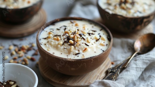 A sful of creamy wild rice pudding made with fresh coconut milk and sprinkled with foraged pine nuts.