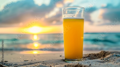 A glass of yellow orange juice on the beach