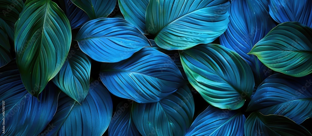 Macro close-up of vibrant blue and green leaves of a tropical forest plant Spathiphyllum cannifolium against a dark natural backdrop. Macro close-up of vibrant blue and green leaves of a tropical forest plant Spathiphyllum cannifolium against a dark natural backdrop.