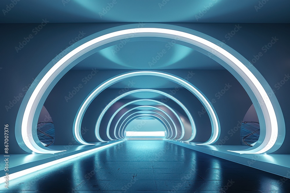 Naklejka premium Futuristic blue tunnel with glowing neon lights. Abstract modern architectural design for a virtual environment, game level, or science fiction concept.