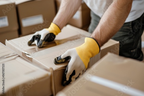 Wallpaper Mural A moving service worker assembling cardboard boxes, preparing for an efficient packing process Torontodigital.ca