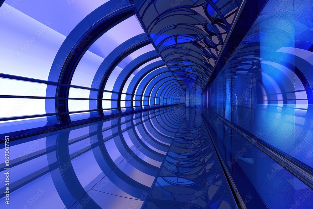 Fototapeta premium Futuristic blue hallway with curved windows and reflections. Abstract architecture and interior design concept for sci-fi, technology, and innovation.
