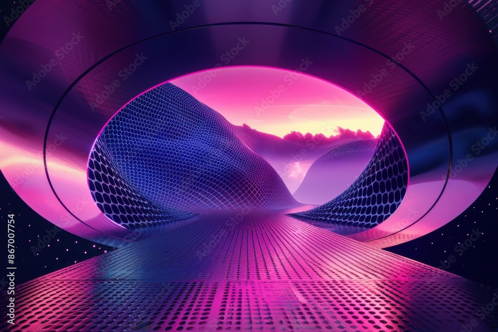 Futuristic metallic tunnel with glowing neon lights leading to a breathtaking mountain vista. Concept of technology, metaverse, and the future. Futuristic metallic tunnel with glowing neon lights leading to a breathtaking mountain vista. Concept of technology, metaverse, and the future.