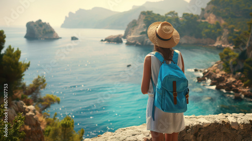 a woman wearing a straw hat and a blue backpack, standing on an ancient stone wall, gazing at a beautiful coastal view