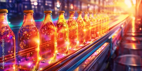 Watercolor painting of a factory with illuminated bottles on a conveyor belt