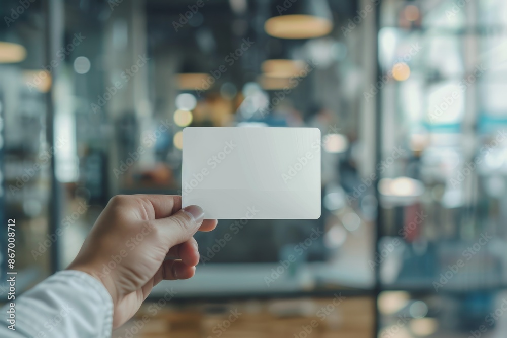 A blank credit card mockup held by a hand, with a financial office setting behind A blank credit card mockup held by a hand, with a financial office setting behind