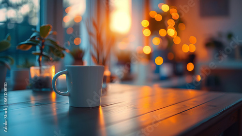 Cozy Morning Coffee with Warm Light and Bokeh Effect in a Calm Space