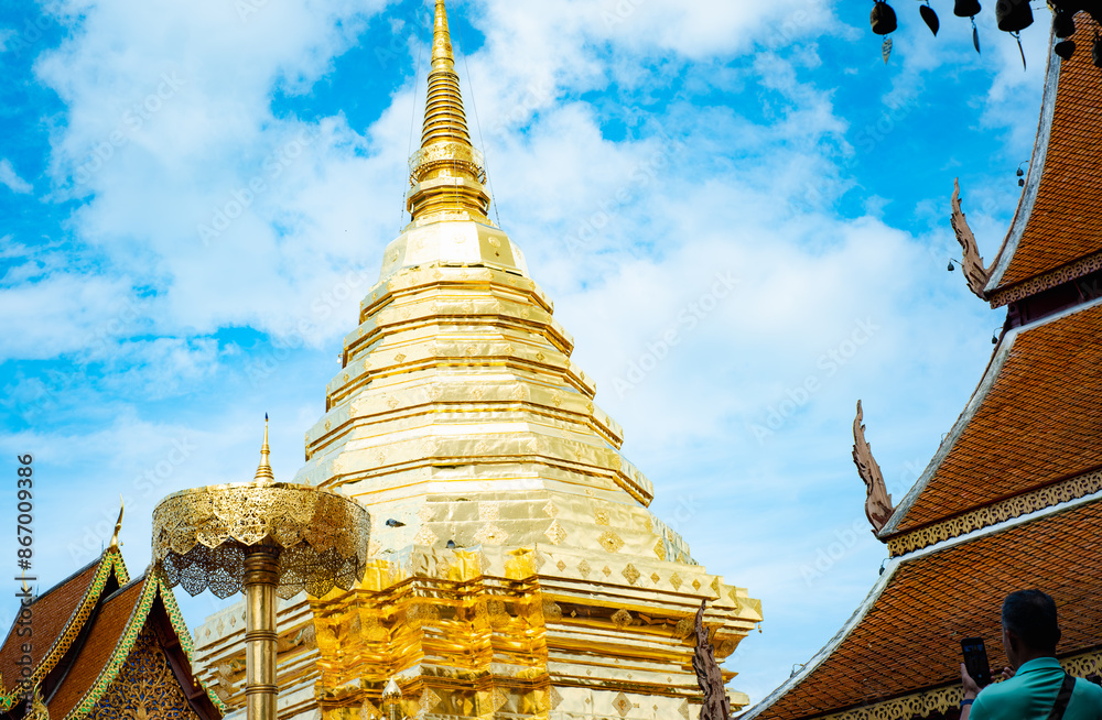 Fototapeta premium A gold and white building with a gold roof and gold spires