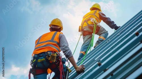 Construction workers wearing safety equipment while working at height industrial project. Fall arrestor device for worker with hooks for safety body harness on the roof structure. Safety concept. photo