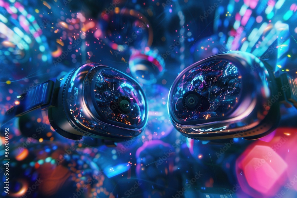 VR headsets and AR glasses floating in a colorful, digital world, showcasing the immersive possibilities of virtual reality. Generative AI VR headsets and AR glasses floating in a colorful, digital world, showcasing the immersive possibilities of virtual reality. Generative AI