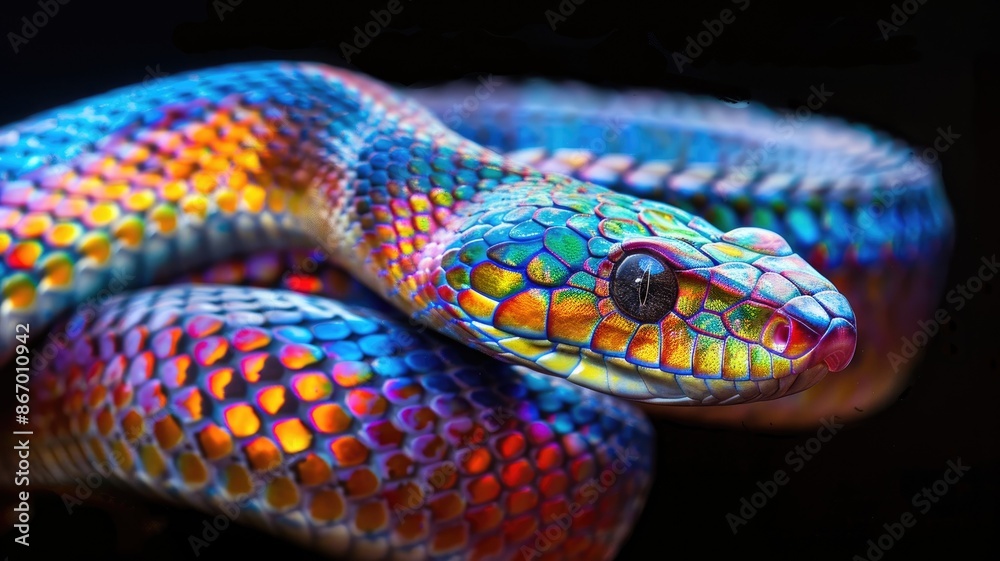 Fototapeta premium Close-up of vibrant rainbow-colored snake scales on dark background