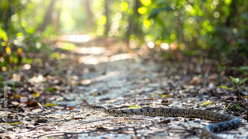 Snake slithers on forest path surrounded by foliage