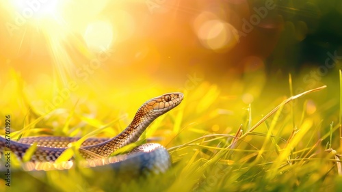 Snake basking in sunlight on grassy field, glowing ambiance photo
