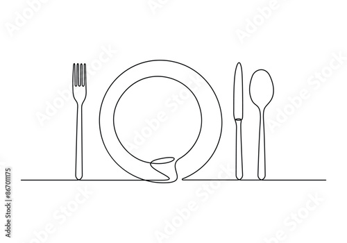 Vector illustration of plate knife and fork continuous one line drawing 