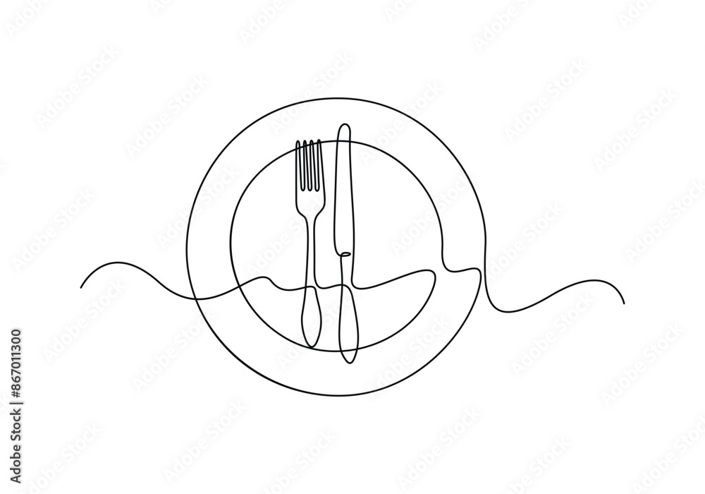 Vector illustration of plate knife and fork continuous one line drawing 