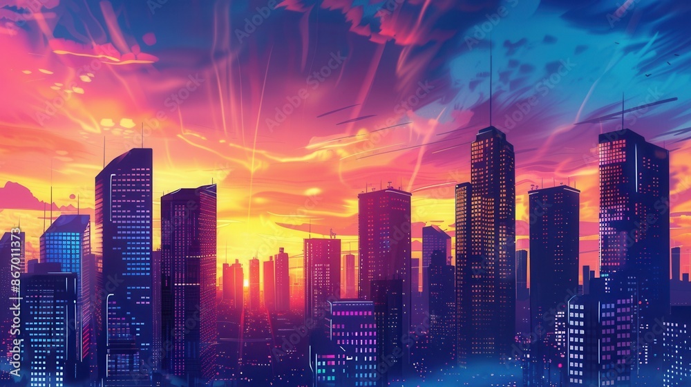 A dramatic sunset paints the sky above a dynamic cityscape, showcasing a modern urban skyline. Generative AI A dramatic sunset paints the sky above a dynamic cityscape, showcasing a modern urban skyline. Generative AI