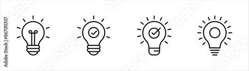 black bulb with checkmark like quick tip icon set, flat stroke linear simple trend modern efficiency logotype design element isolated on white background.