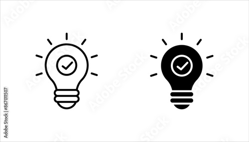 black bulb with checkmark like quick tip icon set, flat stroke linear simple trend modern efficiency logotype design element isolated on white background.