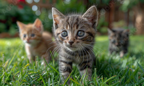 Energetic Kittens at Play: A Charming Group of Happy Felines on Green Grass © S